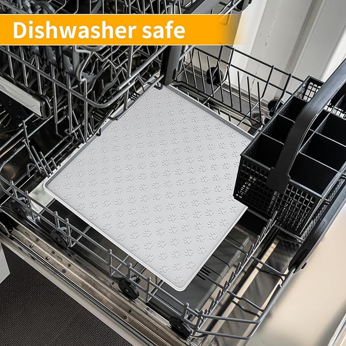 Ptlom Dog Food Mat Anti-Slip Bowl Mats for Food and Water, Waterproof Silicone Pet Placemat with High Raised Edges, Non-Slip Puppy Feeding Tray for Small, Medium Large Cats Dogs, Gray, 11.8"x11.8"