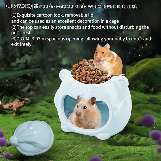 3-in-1 Bear Shaped Ceramic Hamster House - Cool House for Syrian Dwarf Hamsters, Mice, Gerbils, Small Pets, Top for Hamster Food, Removable Lid for Ice Packs, Cute Cool Hideout for Summer(Blue)