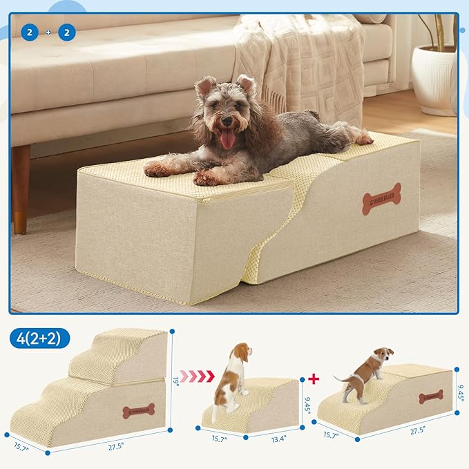 Dog Stairs 4 Steps for Small Dogs and Cats to Get on High Beds, Couch or Car, Pets Can Climb, Sit, Lie Down or Perch to Look Out Windows on The Spliceable Ramp, Provides Support, Beige(19" H)