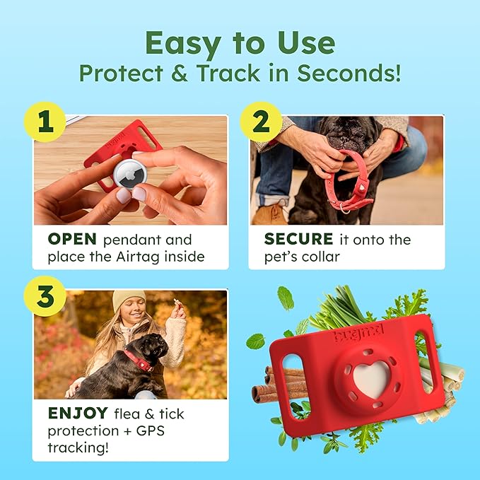 BugMD Paw Guardian Flea and Tick Prevention Pendant for Dogs & Cats with AirTag Holder | Plant-Powered Flea & Tick Control for Dog Collars & Cat Harnesses | Cat and Dog Tag with Air Tag Holder - Red