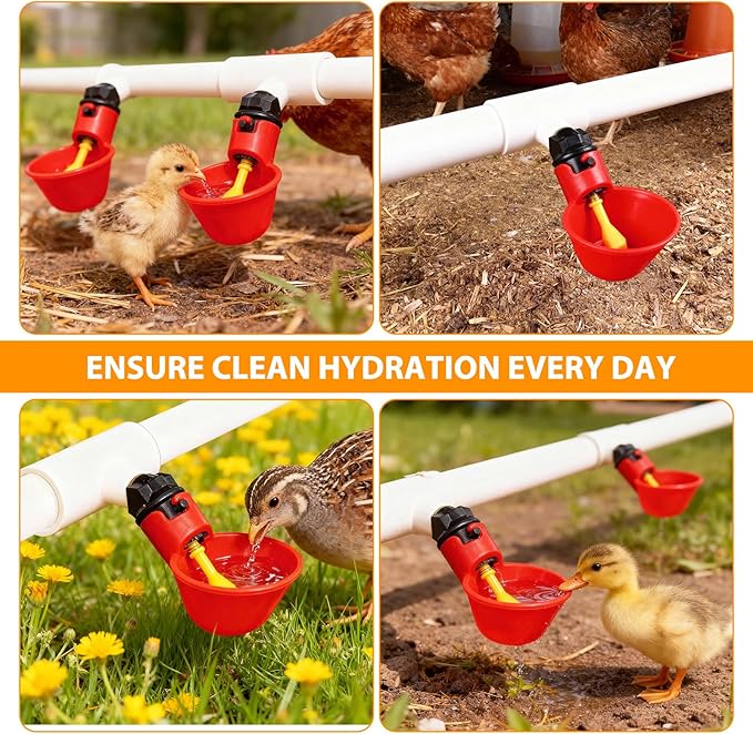 Chicken Waterer Cups, Pack of 6 Chicken Waterer PVC Tee Fittings, with 1/8 Inch FTP Threads, Automatic Chicken Water Cups for Chicken Ducks Quail