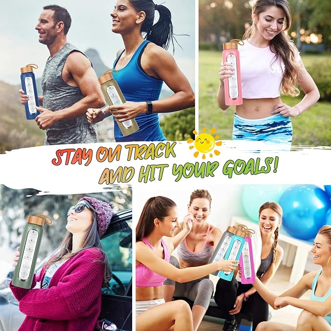 Aqulea Glass Water Bottles 25 Oz with Silicone Sleeve - BPA Free Reusable Wide Mouth Glass Motivational Water Bottles with Fruit Infuser – Leak Proof Borosilicate Water Bottle with Time Marker (White)