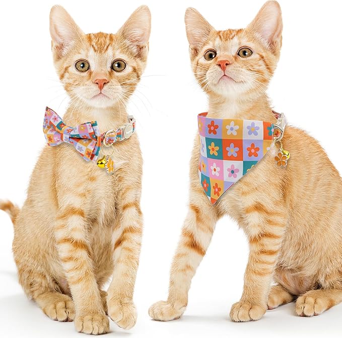 Faygarsle 2 Pack Floral Pattern Cat Collar Set with Bandana and Bow Tie, Breakaway Safety Buckle, Colorful Checkered Design