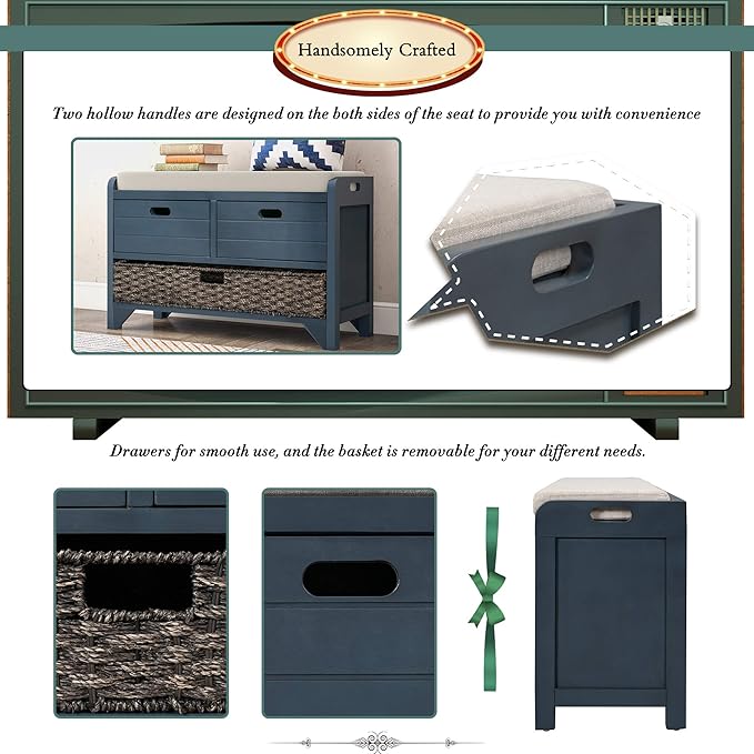 Storage Bench Removable Basket 2 Drawers Fully Assembled Acacia Wood Shoe Bench Standing Shoe Rack Removable Cushion for Living Room, Entrance Hallway, No Assembly Required Navy