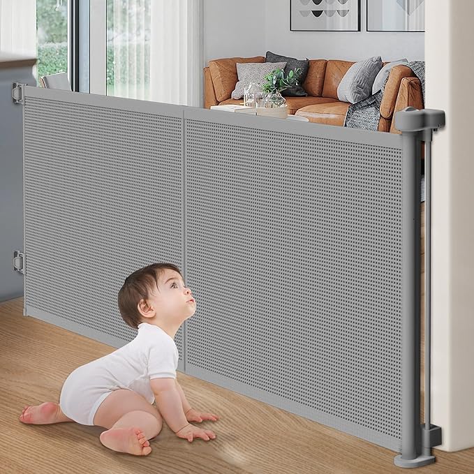 Upgrade Retractable Baby Gates, 35" Tall Extends up to 60" Wide, Mesh Dog Gate Indoor for Stairs, Outdoor Reinforced Pet Gate with Support Rods for Doorways Hallways Kitchen Bedroom, Grey