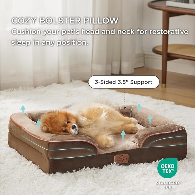 Bedsure Orthopedic Dog Beds for Small Dogs - Washable Small Dog Cat Bed Waterproof, Comfort Pet Couch Sofa with Washable Removable Cover, Pets Bed with Nonskid Bottom, Brown, 24"
