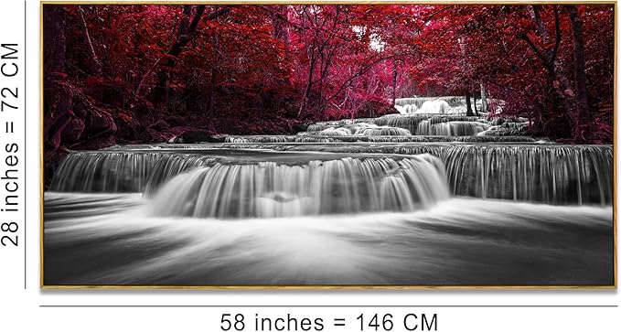 Lasdel Natural Extra Framed Canvas Wall Art of Wide Waterfall & Red Leaves Picture For Bedroom,Burgundy Nature Black White Artwork Decor,Beautiful Maple Leaves Landscape Print Painting,30x60