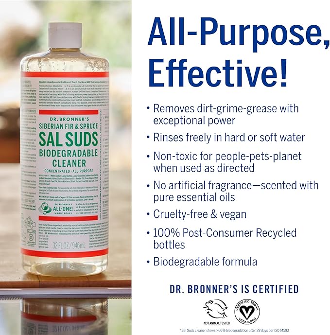 Dr. Bronner's - Sal Suds Biodegradable Cleaner (1 Gallon) - All-Purpose, Pine Cleaner for Floors, Laundry and Dishes, Concentrated, Cuts Grease and Dirt, Powerful Formula