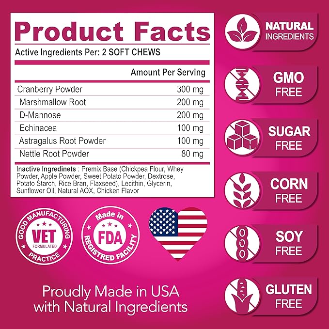 Dog UTI Treatment - Cranberry Supplement for Dogs UTI - Bladder Control - Urinary Tract Infection Treatment Medicine - Cranberry Supplement Vitamins Multivitamin Chews - Made in USA