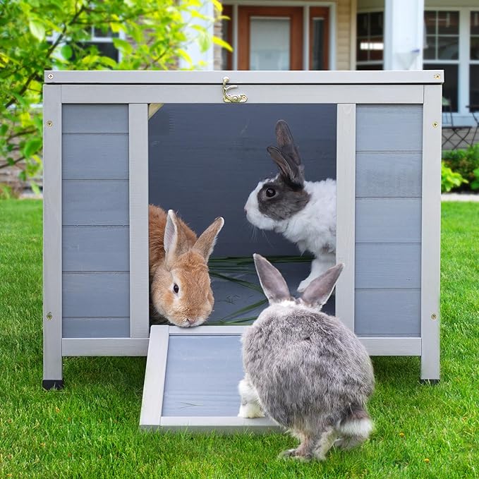 COZIWOW 24inches Wooden Catio Outdoor Cat House Small Animal House,Rabbit Hutch Indoor,Stable Weatherproof Bunny Cage Pet Shelter for Small Cat Dog Rabbit Guinea Pig (Grey)