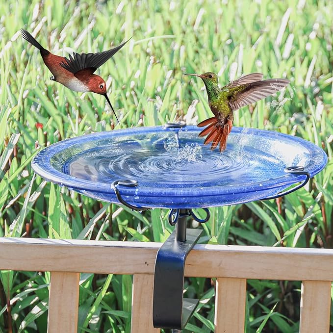 MUMTOP Deck Mounted Bird Bath, Glass Bird Baths Bowl Spa with Adjustable Sturdy Steel Clamp for Outdoor Garden Patio Lawn Yard Deck Railing Decoration, Blue
