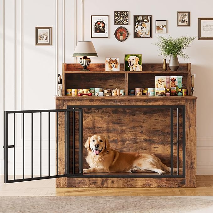 IRONCK Extra Large Dog Crate Furniture, 43.3 inches Wooden Dog Crate with Storage and 4 Hooks, Heavy Duty Pet Crate for Large Dog, Decorative Pet Cage for Indoor (30" L x 43.3" W x 41.1" H)