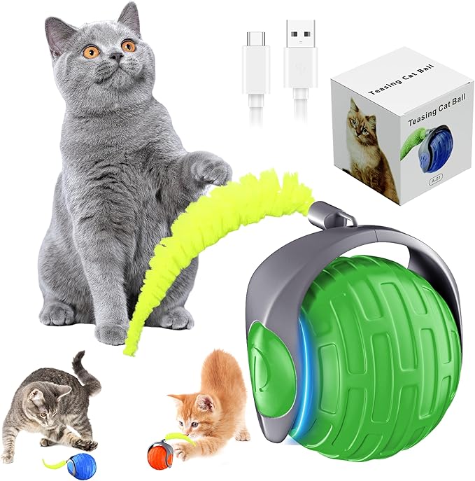 Cat Toys,Interactive Cat Toys Ball for Bored Indoor Cat,Automatic Rolling,Drop Resistant and Obstacle Avoidance,2 Modes Adjustment,Fluffy Tail and USB Type-C Rechargeable(Green)