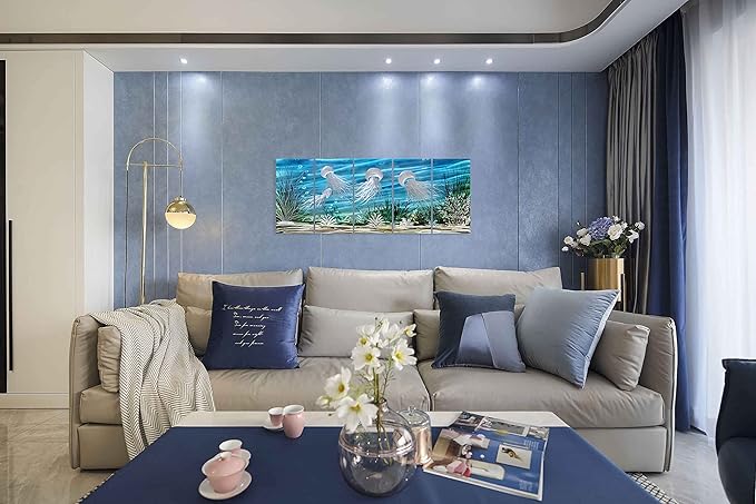 SYGALLERIER Coastal Metal Wall Art Handcrafted 3D Jelly Fish Aluminum Artwork Modern Sea World Pictures Contemporary Abstract Sculpture for Living Room Bedroom Bathroom Decor