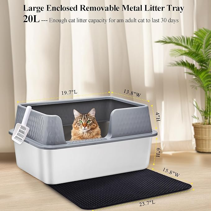 Vealind Stainless Steel Cat Litter Box High Sided Metal Cats Litter Pan Tray Enclosed with Scoop Mats Non-Sticky Anti-Leakage Easy Cleaning Kitty Litter Boxes