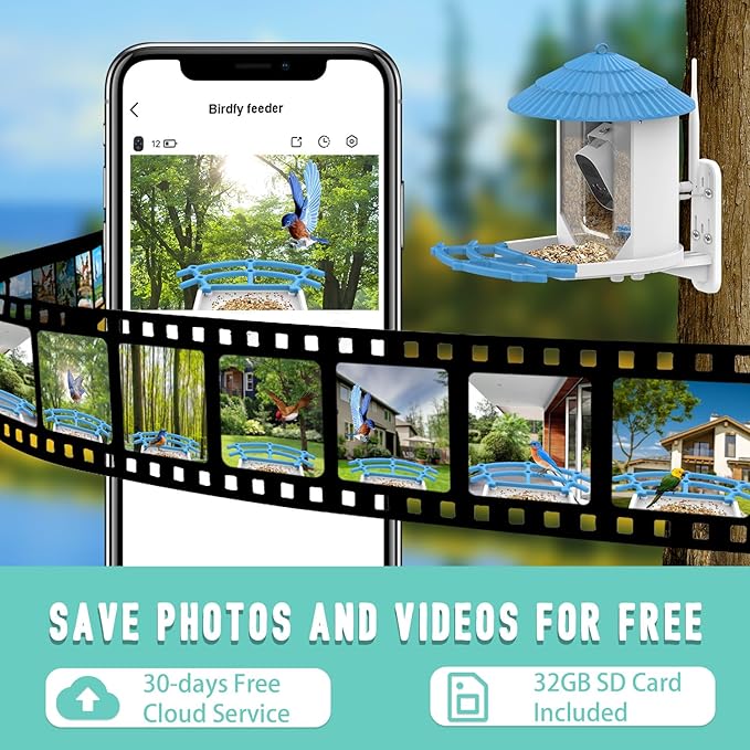 Smart Bird Feeder with Camera, Solar Powered Birds Watching Camera, 2K Night Vsion, AI Identify, Auto Capture & Live Video Watch Birds, Built-in TF, Ideal Gift for Outdoor Bird Watching Lover