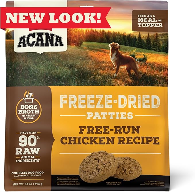 ACANA Grain-Free High Protein Freeze Dried Dog Food & Topper Free-Run Chicken Recipe Patties 14oz Bag