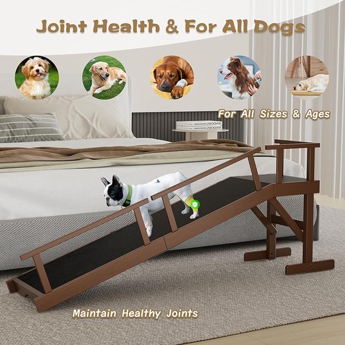 61" Dog Ramp for Bed, Pet Ramp with Removable Side Rail and Non-Slip Surface, Pet Ramp for Small & Large & Senior Dogs with Rest Platform and DIY Glow Strips,Dog Stairs for Couch, Brown