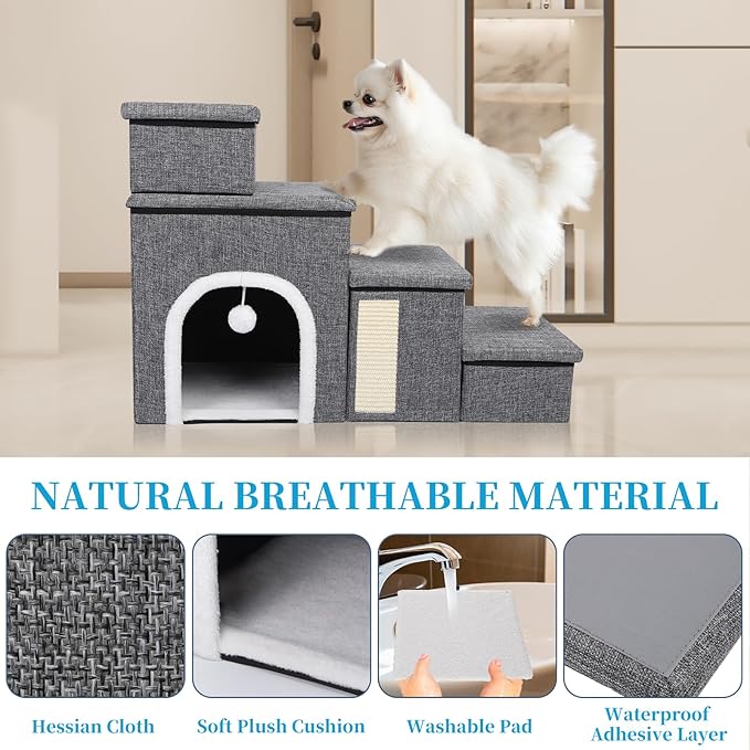 Dog Stairs for Bed and Couch 23โH, Foldable Dog Stairs for Small Older Dogs, 4 in 1 Adjustable Pet Cat Steps Ramps with Storage, Condo, Cat Scratcher, Hold Up to 180LBS, 4 Steps