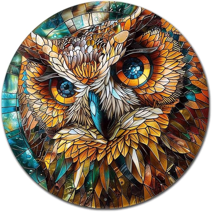 Lygond Metal Sign Tin Sign Circular Stained Glass Owl Bathroom Signs Decor For Home Decor 8×8 Inches