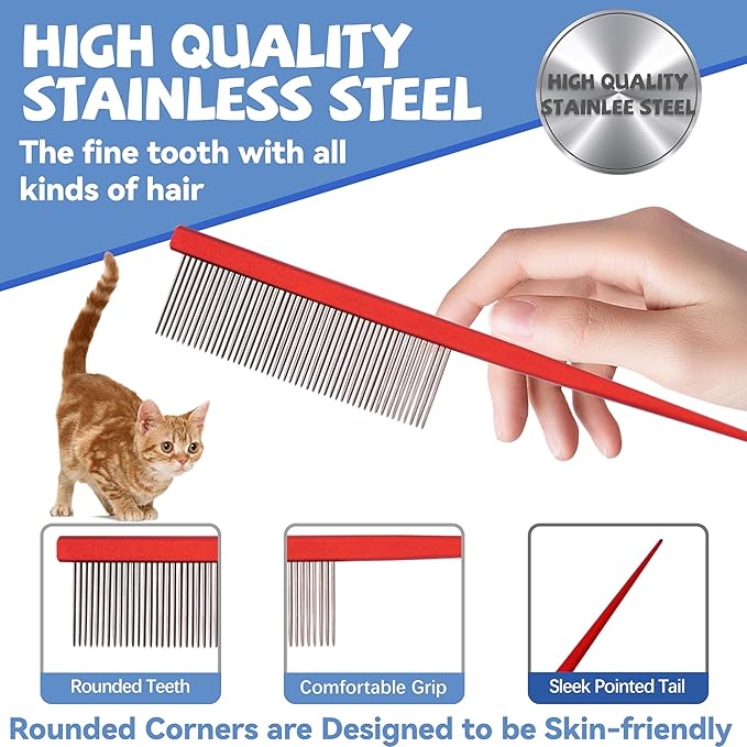 Grooming Pet Comb Rat Tail Dematting Cat and Dog Comb,Rounded Ends Design for Safe Tangle Removal, Hairstyling, Massage,Loose Hair Removal,Prevent Irritation,Fluffing Paws,Face,Tail,Remove Tear Stain