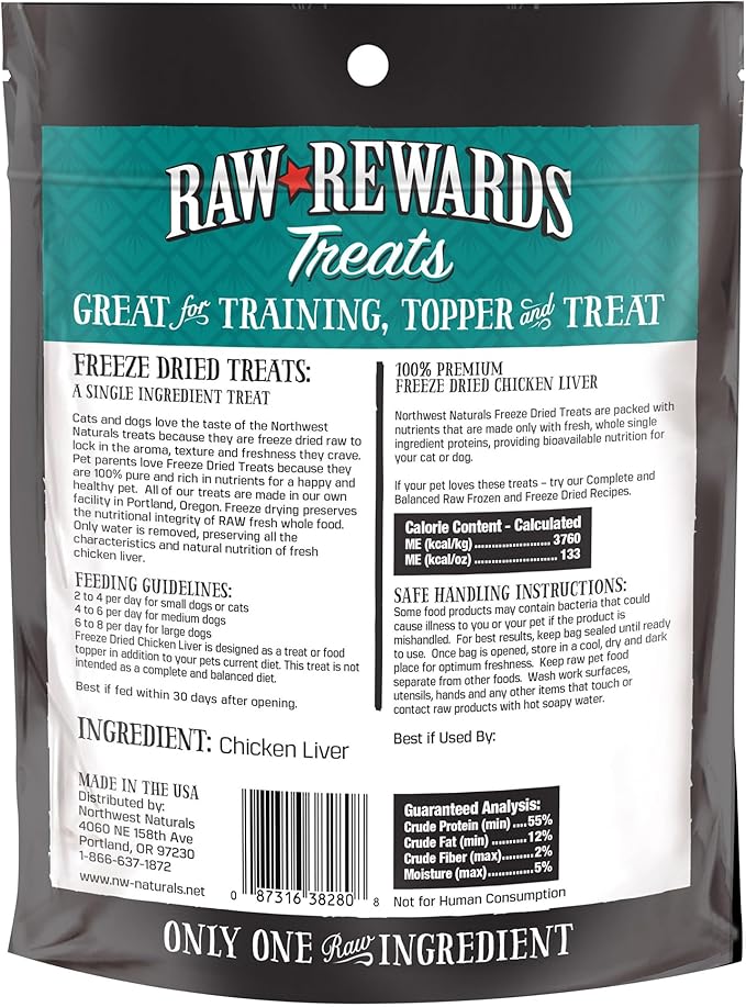 Northwest Naturals Raw Rewards Freeze-Dried Chicken Liver Treats for Dogs and Cats - Bite-Sized Pieces - Healthy, 1 Ingredient, Human Grade Pet Food, All Natural, Proudly Made in USA, 3 Oz (Pack of 1)