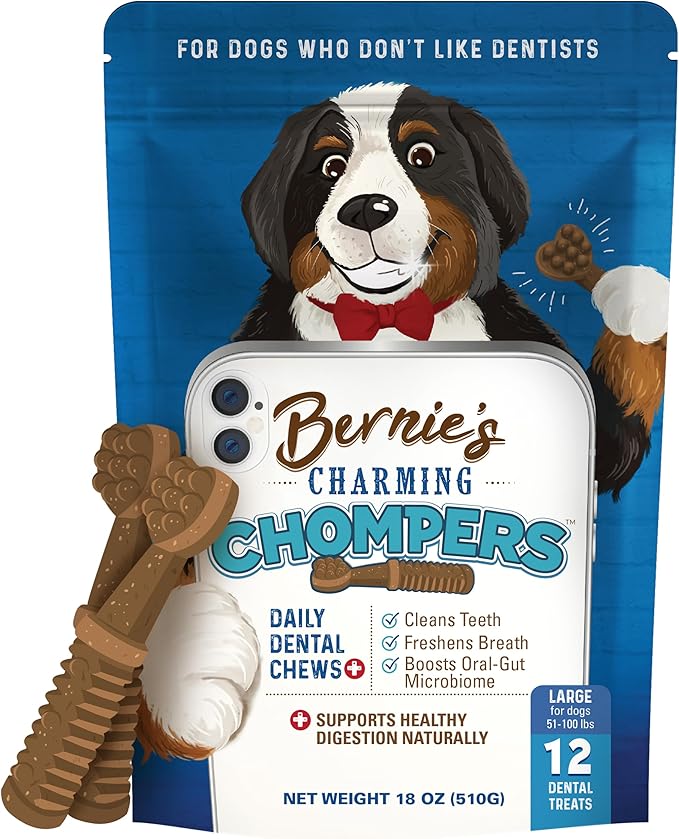 Bernie's Charming Chompers - Daily Dental Chews for Dogs 50-100 Lbs. - 12 Count - Cleans Teeth, Freshens Breath, + Boosts Oral-Gut Microbiome. Easy to Digest, Supports Healthy Digestion Naturally