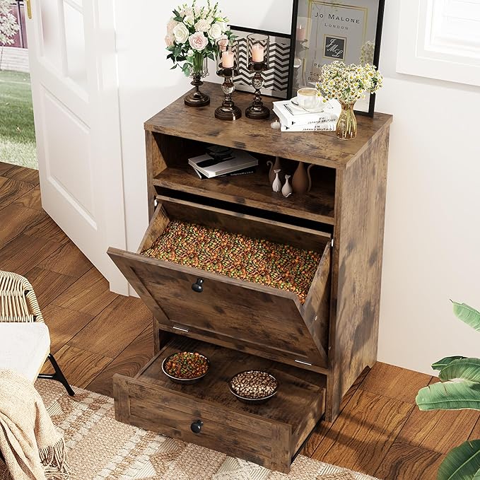 Dog Feeding Station,Dog Food Storage Cabinet, Large Pet Food Organizer Furniture,Dog Food Storage And Feeding Station With Pull-Out Elevated 2 Sus304 Dog Bowl For Feeding & Watering Supplies, Brown