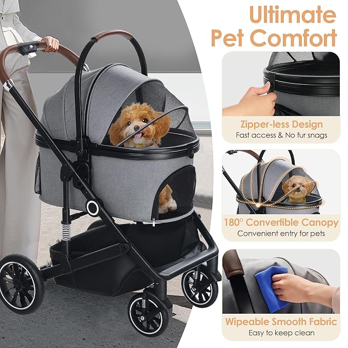 Pet Stroller with 4 Wheels, 3 in 1 Folding Puppy Strollers for Small/Medium Dogs Cats up to 50lbs, Lightweight Pet Travel Carrier with Detachable Cushion, Storage Basket and Cup Holder, Gray