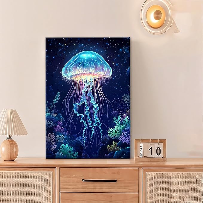 Ocean Jellyfish Wall Art Canvas Coral Fish Wall Decor Prints Framed Painting Underwater Pictures Gifts Artwork for Bathroom Living Dining 16"x24"