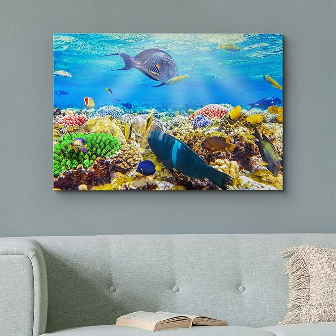 wall26 Canvas Print Wall Art Sunlight Ocean Sea Coral Reef Anemone Fish Nature Animals Photography Realism Rustic Scenic Landscape Wilderness Earth for Living Room, Bedroom, Office - 24"x36"