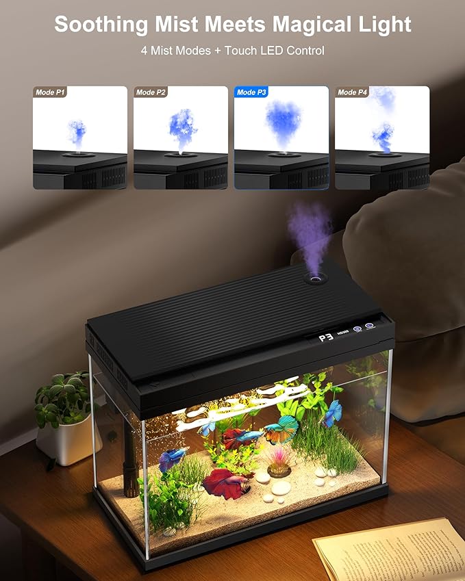 Fish Tank with Desktop Humidifier, 2.38 Gallon Quiet Eco Aquarium,Smart Touch LED Light & Temperature Display, Glass Mini Fish Tank