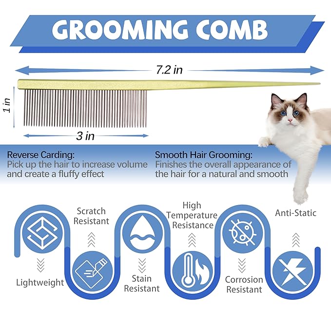 Grooming Pet Comb Rat Tail Dematting Cat and Dog Comb,Rounded Ends Design for Safe Tangle Removal, Hairstyling, Massage,Loose Hair Removal,Prevent Irritation,Fluffing Paws,Face,Tail,Remove Tear Stain