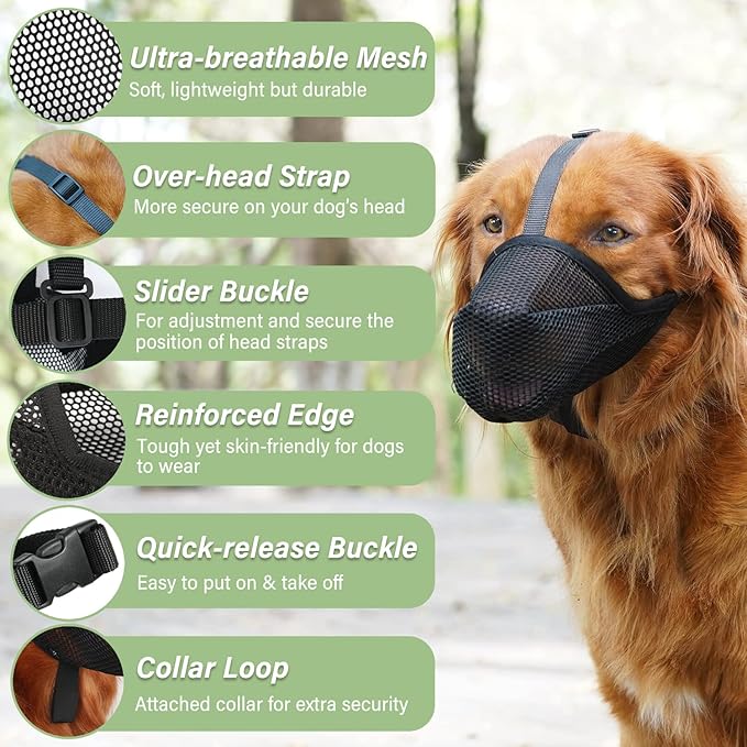 Mayerzon Dog Muzzle, Patented Soft Mesh Muzzle for Small Medium Large Dogs for Scavenging Biting Licking and Chewing, Allows to Pant and Drink (XS, Black)