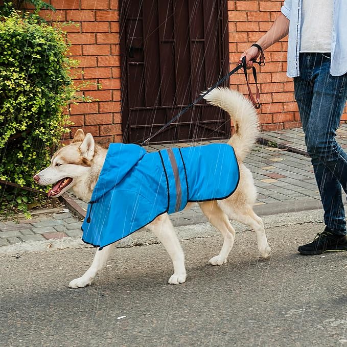 Adjustable Dog Raincoat with Hood - Waterproof Lightweight Slicker Poncho, Safety Dog Rain Jacket with Reflective Strip and Leash Hole for Small, Medium, Large Dogs (X-Large, Blue)