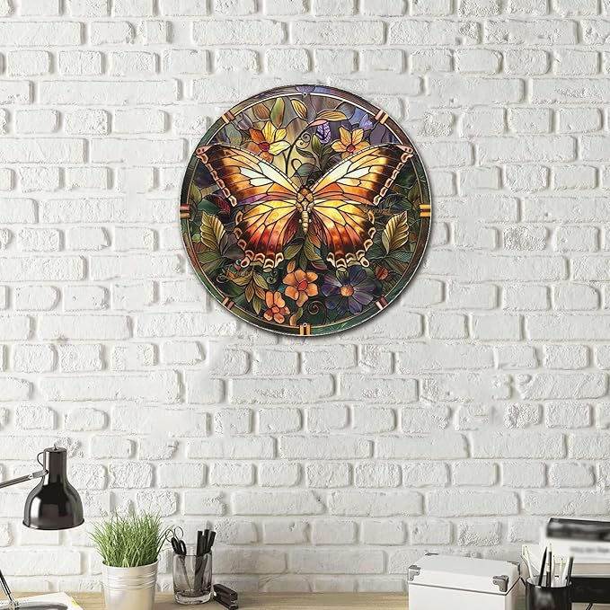 Lygond Metal Sign Tin Sign Circular Stained Glass Butterfly Wall Art for Club 12×12 Inches