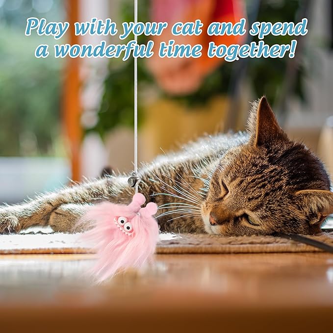 Elastic Plush Cat Wand Toy Funny Interactive Cat Fishing Pole Toy with Bell Soft Natural Wood Kitten String Toys for Indoor Cats Kittens Bored Cats (3 Pack)