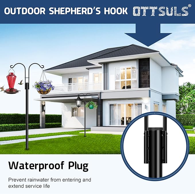 Ottsuls Bird Feeder Pole, 2 Pack 60 INCH Double Shepherds Hooks for Outdoor, Garden Pole with 5 Base Prongs Heavy Duty Planter Hooks for Hanging Plant Baskets, Lantern, Hummingbird Feeder