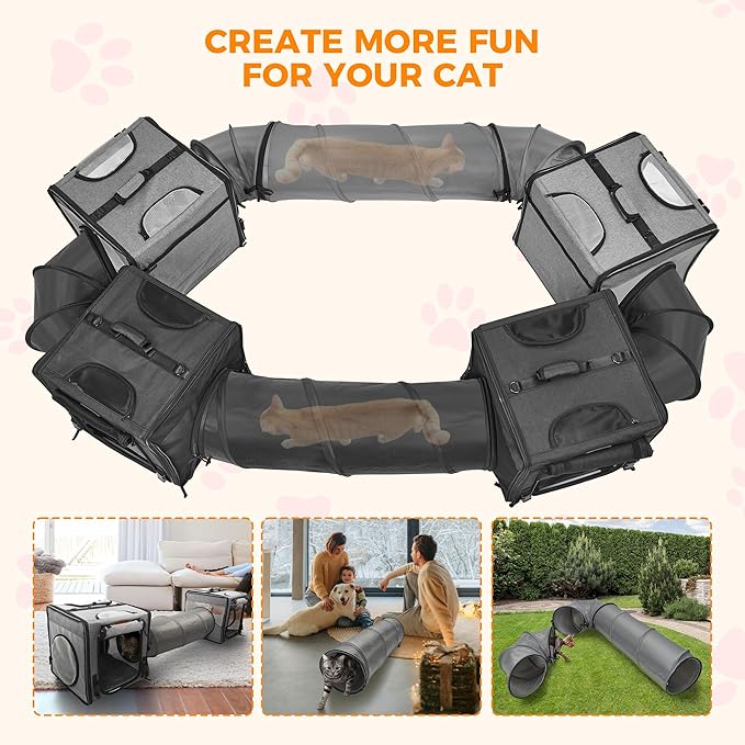 PETUX 2-in-1 Double Cat Carrier for Multiple Cats - Large Cat Travel Carrier with Litter Box, Play Tunnels, and Hammock - Portable Pet Carriers for Long Car Trips & Vet Visit (34"x17"x17", Grey)