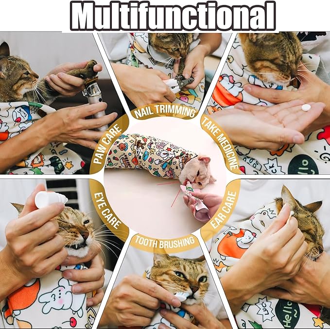 35.5'' Cat Grooming Wrap Cat Wrap for Cutting Nails, Anti-Escape Cat Restraint Wraps for Medicine Nail Clipping Ear Cleaning, Self-Adherent Cat Swaddle Wrap with Nail Clipper - Within 22lbs