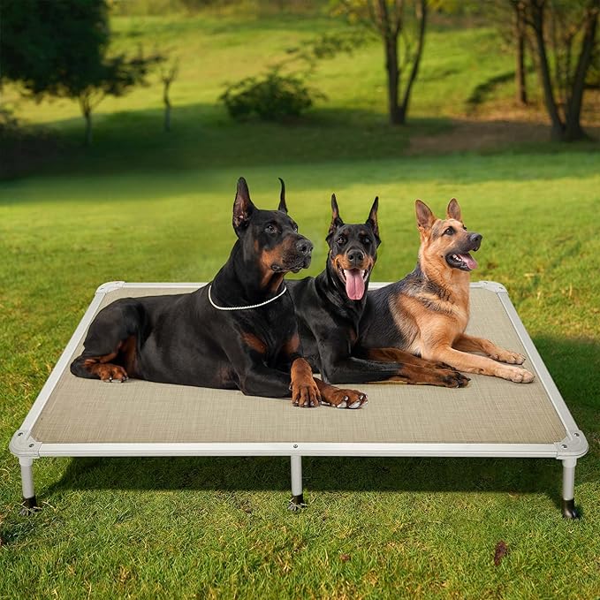 Veehoo Chew Proof Elevated Dog Bed - Cooling Raised Pet Cot - Silver Aluminum Frame and Durable Textilene Mesh Fabric, Unique Designed No-Slip Feet for Indoor or Outdoor Use, Beige Coffee, XX Large