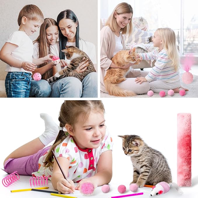 24 Pcs Cat Toys Set Interactive Kitten Toys Pack Including Collapsible Play Tunnel Feather Teaser Wand Fuzzy Ball Springs Pillow Mouse Bells for Indoor Cats Puppy (Pink)