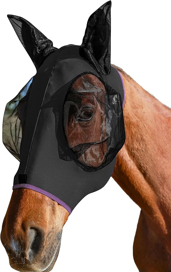 Horse Fly Mask with Ears, UV Protection for Horses, Elasticity with Big Mesh Eye Covers, Snug Fitting Comfortable Breathable Lightweight for Horses Black Full Size