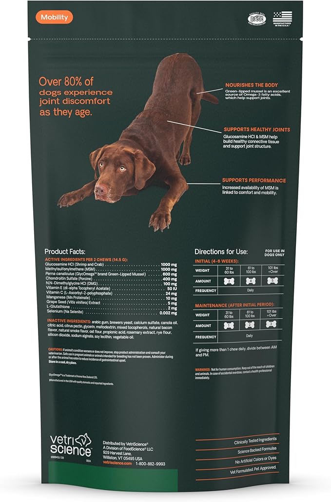 VetriScience GlycoFlex Ultimate Strength Healthy Hip & Joint Glucosamine Supplements for Dogs, with MSM, Chondroitin & Green-Lipped Mussel, Soft Chews, Bacon, 120 Count - New Look