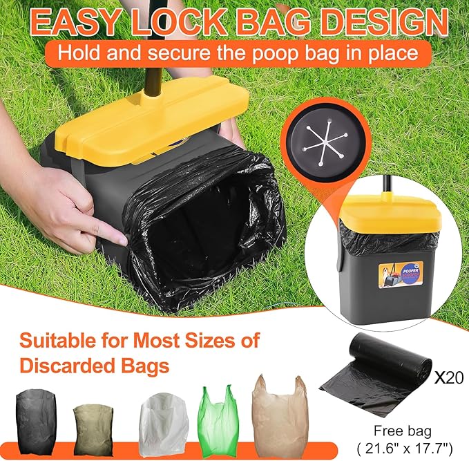 LANNEY Pooper Scooper - 46" Long Adjustable Handle Dog Pooper Scooper, Swivel Bin, Rake and 35 Waste Bag, Heavy Duty Poop Scooper for Large Medium Small Yard Dog Pet