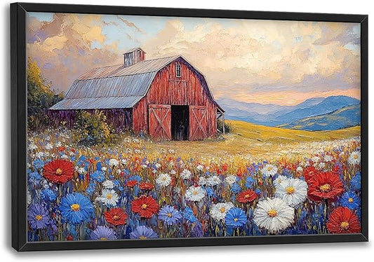 Large Farmhouse Barn Daisy Wall Art for Living Room, Floral Landscape Canvas Oversized Wall Decor, Flower Scenery Framed Pictures Painting Print Artwork for Bedroom Office 36"L x 24"W