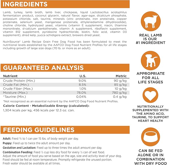 NutriSource Grain Free Lamb Recipe Dog Food, Premium Wet Dog Food, 12.3 Ounce (Pack of 12)
