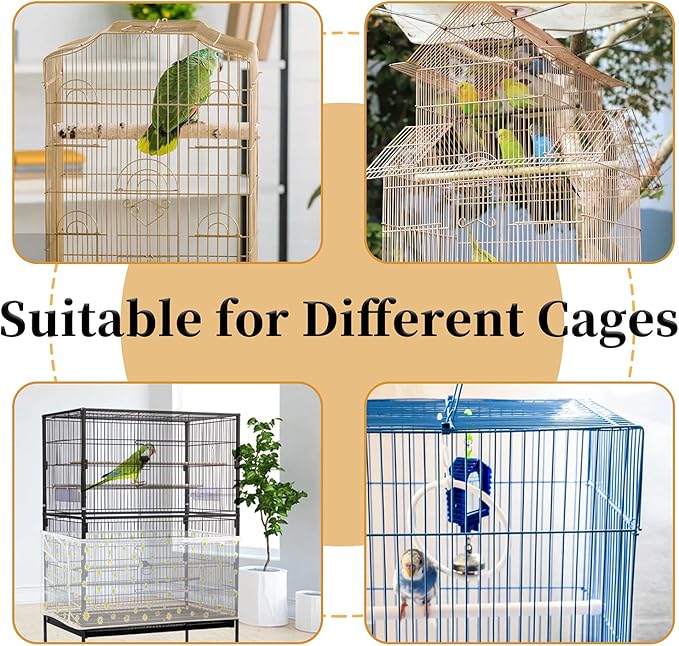 Daoeny Large Bird Cage Cover, Bird Cage Seed Catcher, Adjustable Soft Nylon Mesh Net with Daisy Pattern, Birdcage Cover Skirt Seed Guard for Parrot Parakeet Macaw Round Square Cages (White)