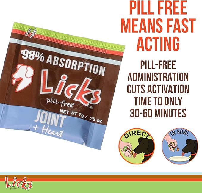 Licks Pill-Free Dog Joint and Heart - Glucosamine & Omega 3 Fish Oil Supplement for Dogs - Inflammation Supplements for Joint Support - Gel Packets - 30 Use