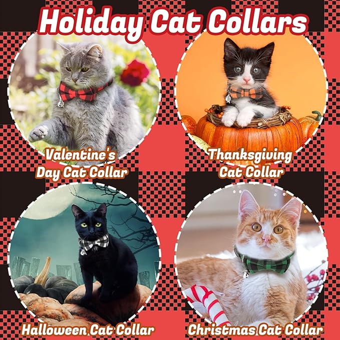 6 Pack Breakaway Cat Collars with Bow Tie and Bell Classic Plaid Kitten Cat Collars Adjustable Cat Bowtie Collar with Pendants for Girl Boy Kitten Cats